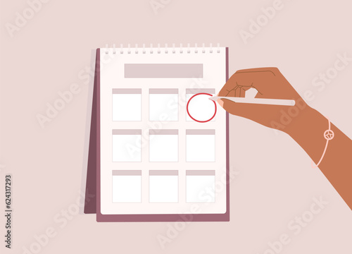 One Black Female’s Hand Using Pen To Draw A Circle Mark On A Blank Desktop Yearly Calendar. Close-Up. Flat Design Style, Character, Cartoon.
