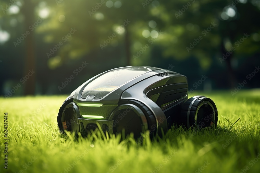 Robot lawn mower on green grass in village garden. Generative Ai.