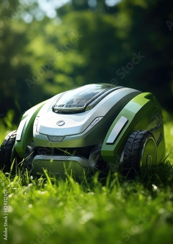 Robot lawn mower on green grass in village garden. Generative Ai.