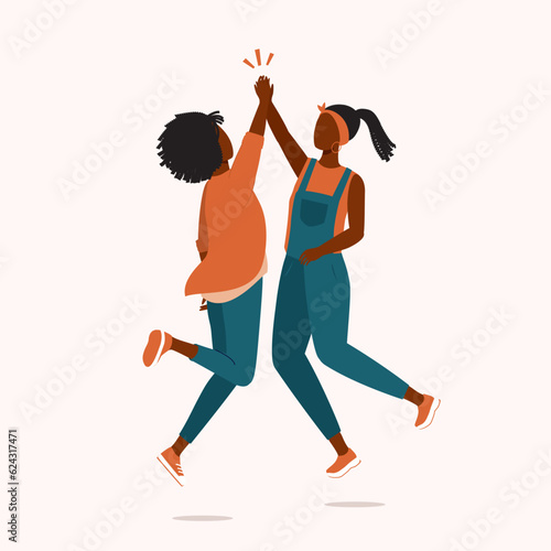 Two Young Black Women Jumping Up In High Five Gesture With Slapping Each Other’s Palms With Their Arms Raised. Full Length. Flat Design Style, Character, Cartoon.