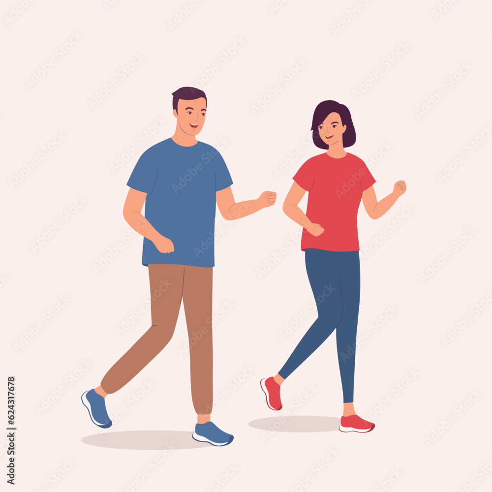 Smiling Young Couple Running Together. Full Length. Flat Design Style, Character, Cartoon. Smiling Young Couple Running Together. Full Length. Flat Design Style, Character, Cartoon.