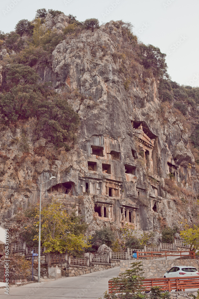 Ancient Lycian tombs, historical graves in Fethiye.