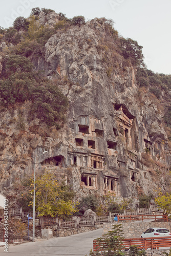 Ancient Lycian tombs, historical graves in Fethiye.