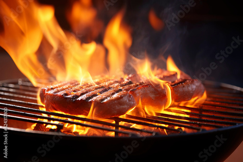 Smoky summer sizzling BBQ grill with flames and barbecue meat.