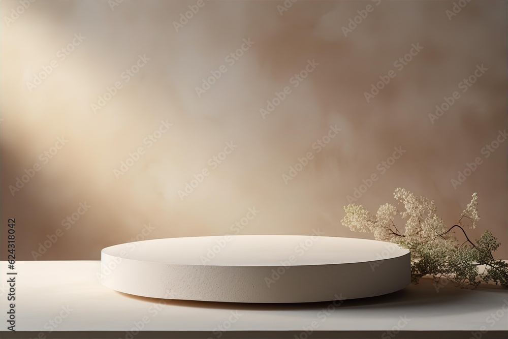Stone pedestal with dried flowers for product presentation. Cosmetic product branding, identity and packaging background. Generative AI Stone pedestal with dried flowers for product presentation. Cosmetic product branding, identity and packaging background. Generative AI