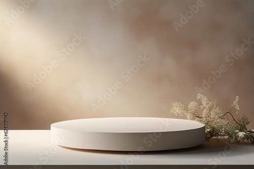 Stone pedestal with dried flowers for product presentation. Cosmetic product branding  identity and packaging background. Generative AI