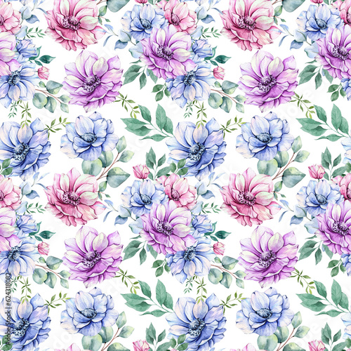 Elegant floral Seamless pattern with watercolor anemone flowers and greenery. Seamless floral background in pink  blue and purple colors