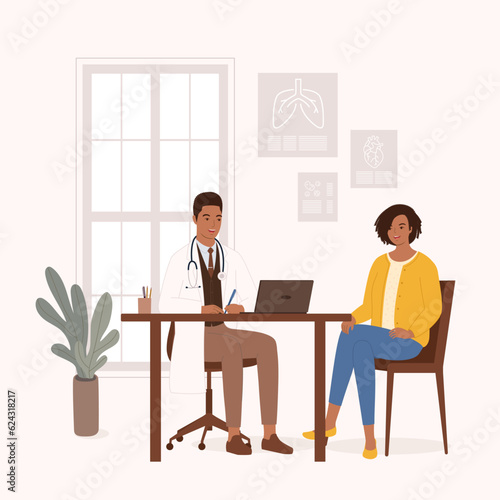 Smiling Black Male Doctor Or General Practitioner Having A Clinical Consultation While Writing Notes For A Young Woman Patient At His Office. Full Length. Flat Design Style, Character, Cartoon.