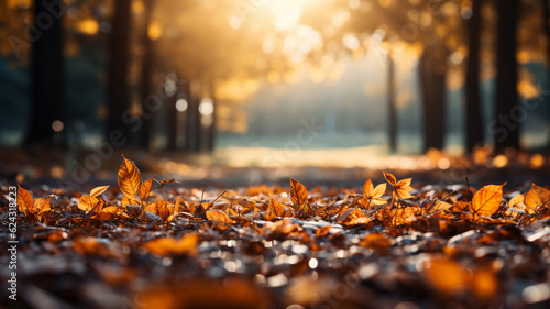 A photo of a beautiful autumn forest landscape with autumn yellow leaves, postcard, generative AI