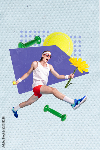 Vertical collage running athlete hold tennis ball and flower daisy gift his triumph trophy celebration isolated on blue drawn background