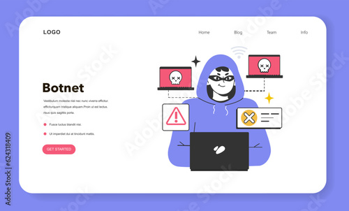 Botnet web banner or landing page. Network of computers infected