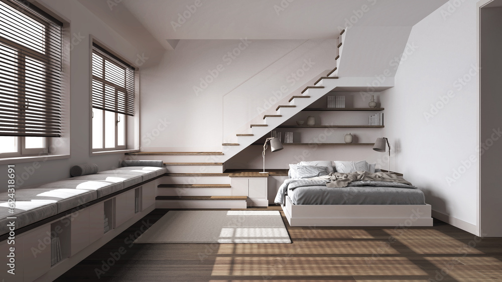 Obraz premium Dark wooden bedroom in white tones. Bed with duvet and pillows, shelves, minimal staircase and panoramic windows. Parquet, scandinavian interior design