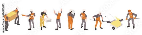 Set of builders brigade. Professional workers, specialists wearing uniform. Workmen with shovels and wheelbarrow full of sand. Isometric vector illustration. Isolated on white background.