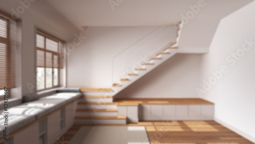 Blurred background, modern scandinavian wooden foyer, living room. Bench with cabinets and pillows, staircase and windows. Parquet, minimal japandi interior design