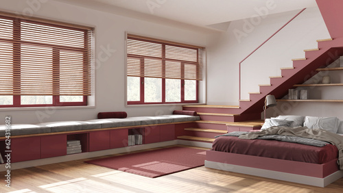 Minimal wooden bedroom in white and red tones. Bed with duvet and pillows, shelves, staircase and panoramic windows. Parquet, japandi interior design