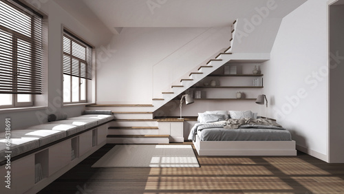 Dark wooden bedroom in white tones. Bed with duvet and pillows, shelves, minimal staircase and panoramic windows. Parquet, scandinavian interior design