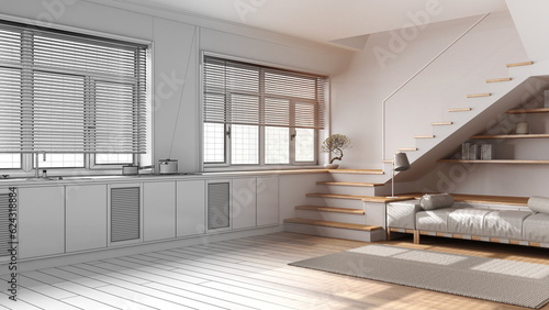 Architect interior designer concept  hand-drawn draft unfinished project that becomes real  minimal kitchen and living room. Cabinets  sofa  staircase and windows. Japandi style