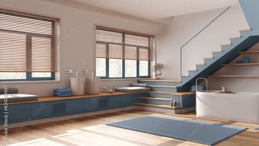Minimal wooden bathroom in white and blue tones. Bathtub and washbasin, shelves, minimal staircase and panoramic windows. Parquet, japandi interior design Minimal wooden bathroom in white and blue tones. Bathtub and washbasin, shelves, minimal staircase and panoramic windows. Parquet, japandi interior design