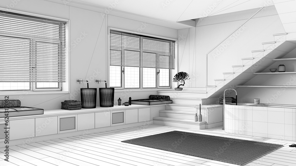 Blueprint unfinished project draft, minimal wooden bathroom. Bathtub