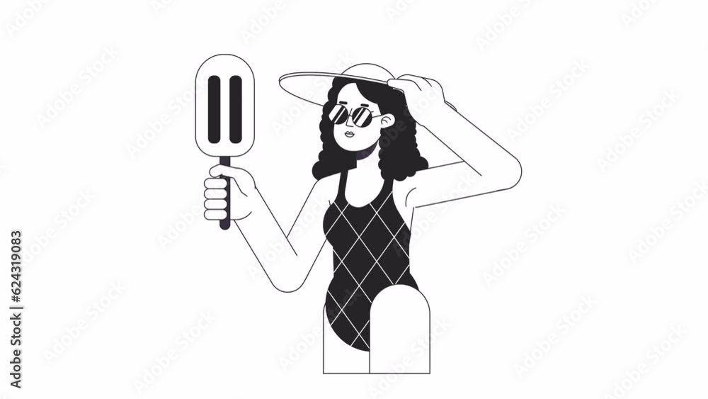 Eating ice cream in summer bw outline cartoon animation. Holding icecream 4K video motion graphic. Sunglasses woman on summer break 2D monochrome linear animated character isolated on white background Eating ice cream in summer bw outline cartoon animation. Holding icecream 4K video motion graphic. Sunglasses woman on summer break 2D monochrome linear animated character isolated on white background