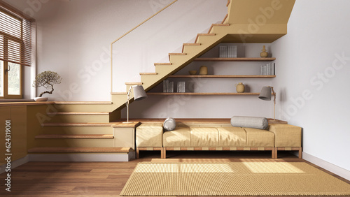 Wooden living room in white and yellow tones. Fabric sofa with pillows, carpet and bookshelf, minimal staircase and panoramic window. Parquet, scandinavian interior design
