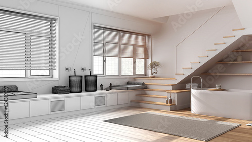 Architect interior designer concept: hand-drawn draft unfinished project that becomes real, minimal bathroom. Bathtub and washbasin, shelves, staircase and windows. Japandi style