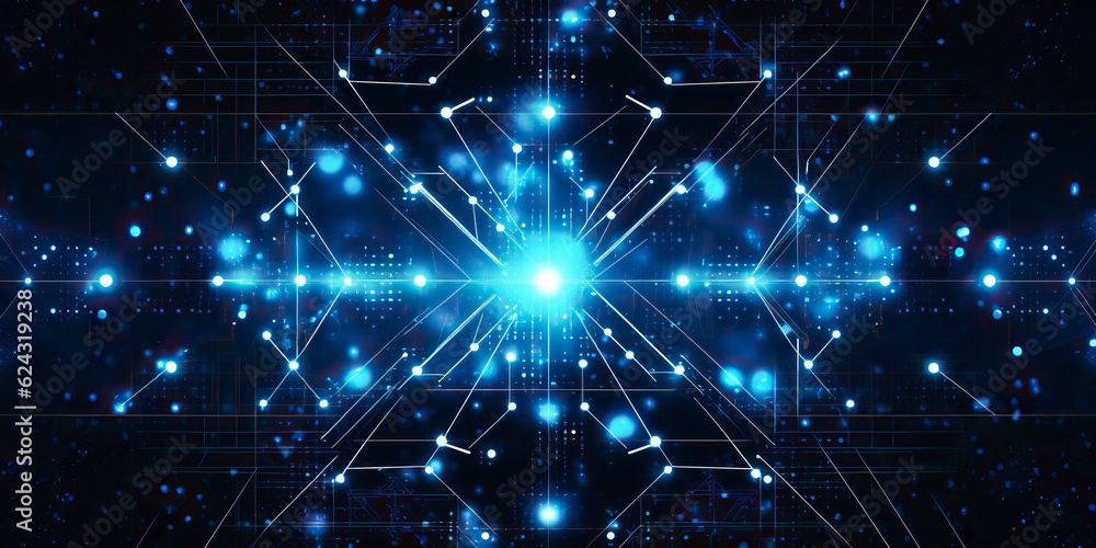 Obraz premium A background featuring a futuristic grid pattern, with intersecting lines, nodes. Digital illustration. Generative AI