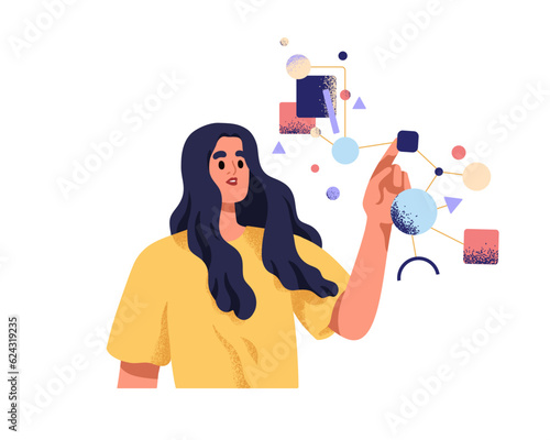 Business analysis, organization and education process concept. Person pointing on abstract system, shapes, connections. Information and work flow. Flat vector illustration isolated on white background
