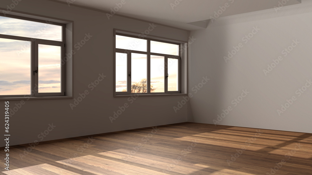 Dark late evening scene, empty room interior design, open space with parquet floor and panoramic window, modern japandi architecture concept idea Dark late evening scene, empty room interior design, open space with parquet floor and panoramic window, modern japandi architecture concept idea