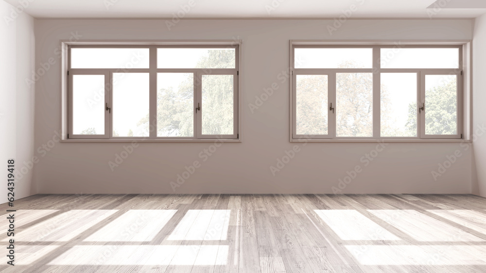 Obraz premium Bleached wooden empty room interior design, open space with parquet floor, panoramic windows, white walls, modern contemporary architecture concept idea