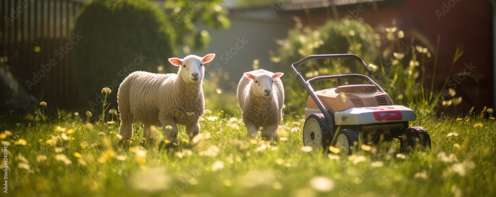 Sheeps in garden with a lawnmower, bokeh background, sunlight, panorama. Generative Ai. - obrazy, fototapety, plakaty 
