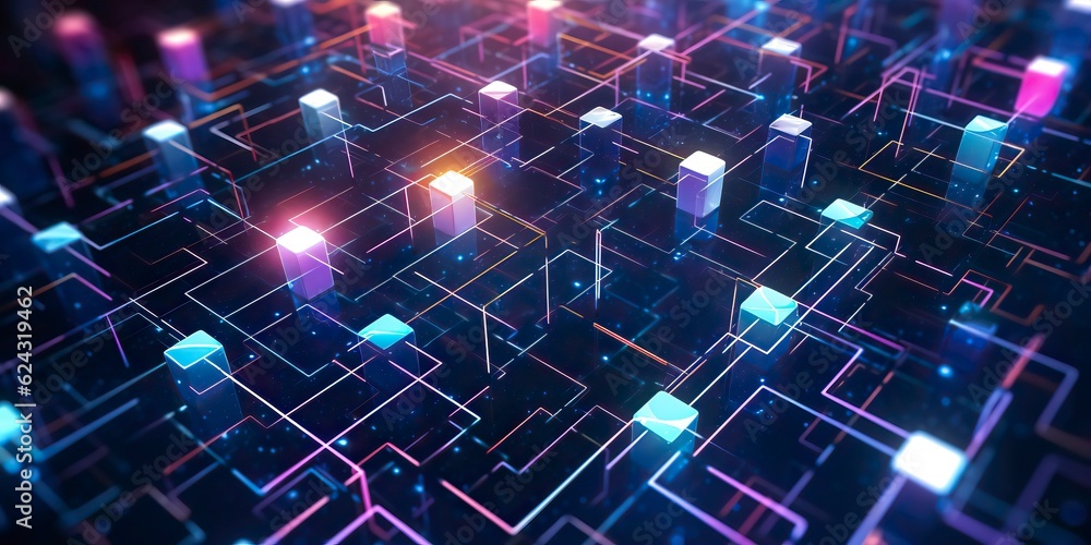 A background featuring a futuristic grid pattern, with intersecting lines, nodes. Digital illustration. Generative AI A background featuring a futuristic grid pattern, with intersecting lines, nodes. Digital illustration. Generative AI