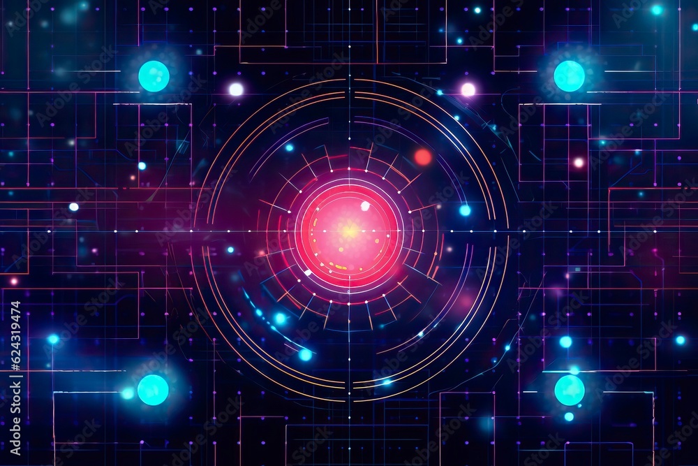 Fototapeta premium A background featuring a futuristic grid pattern, with intersecting lines, nodes. Digital illustration. Generative AI
