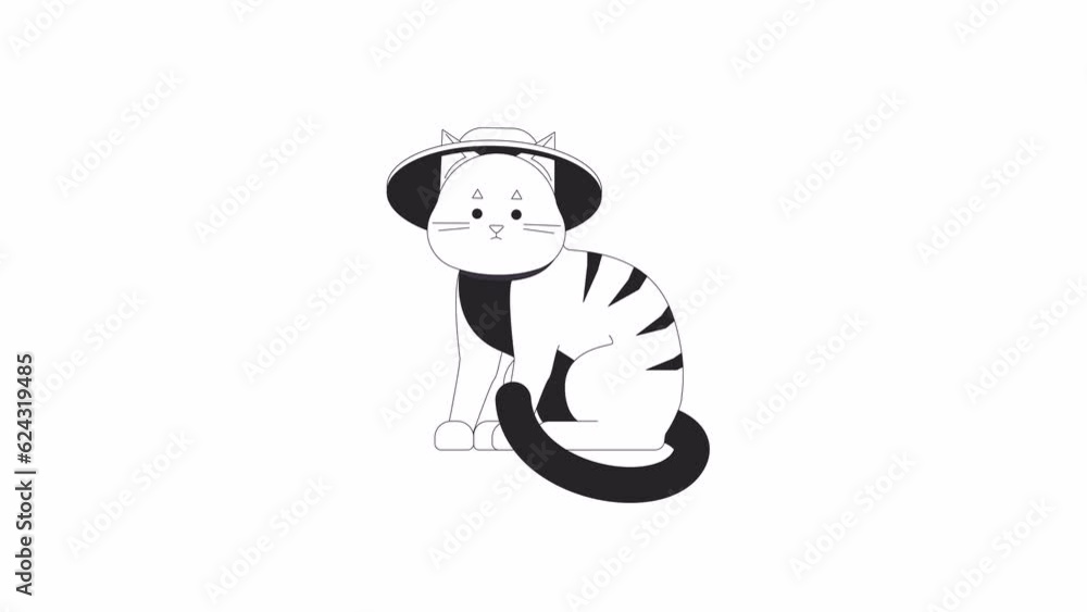Cute tabby cat in hat wagging tail bw outline 2D character animation. Funny feline animal with accessory monochrome linear cartoon 4K video. Summertime pet animated animal isolated on white background Cute tabby cat in hat wagging tail bw outline 2D character animation. Funny feline animal with accessory monochrome linear cartoon 4K video. Summertime pet animated animal isolated on white background