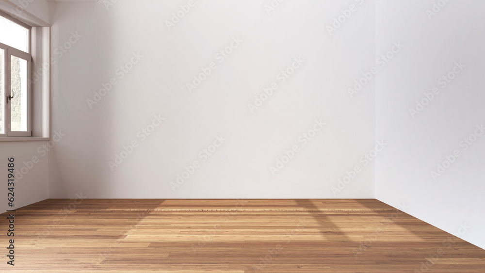 Wooden empty room interior design, open space with parquet floor, panoramic window, white walls, modern contemporary architecture concept idea Wooden empty room interior design, open space with parquet floor, panoramic window, white walls, modern contemporary architecture concept idea