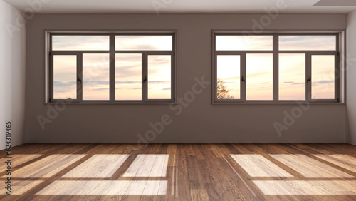 Dark late evening scene, empty room interior design, open space with parquet floor and panoramic window, modern japandi architecture concept idea