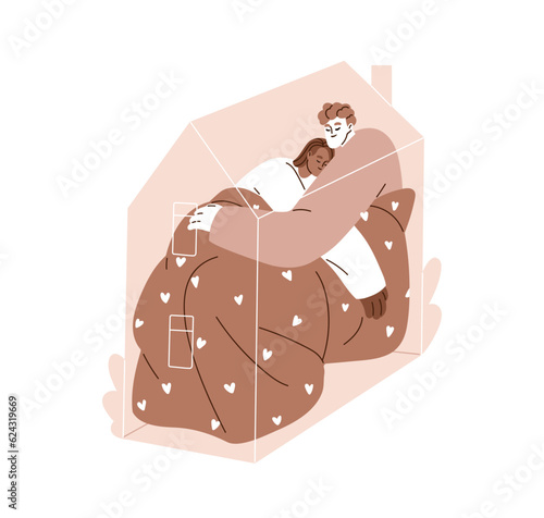 Love couple living together in sweet home. Happy family life in house concept. Man, woman, wife and husband in romantic supporting relationship. Flat vector illustration isolated on white background