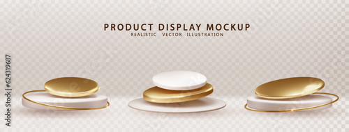 Round podium golden and white podium set. Empty platform for product presentation, mock up, show cosmetic product. Realistic 3d vector.
