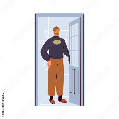 Man opening home door, unlocking house entrance, doorway. Person standing in slippers inside apartment at threshold, looking outside, meeting smb. Flat vector illustration isolated on white background