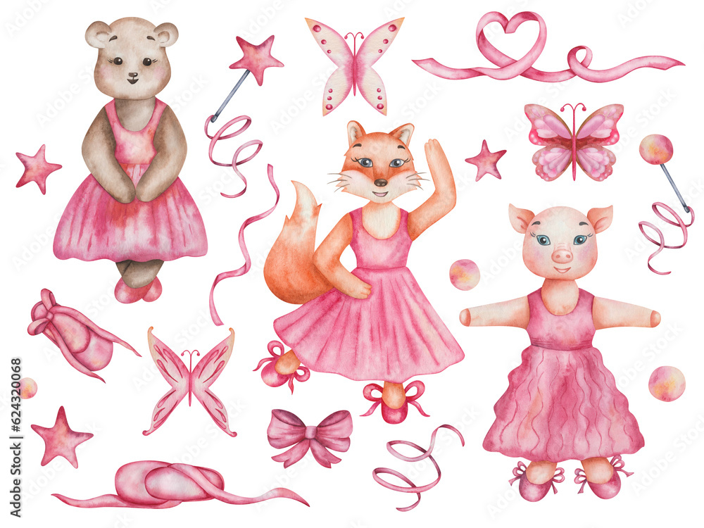 Watercolor set of illustrations. Hand painted teddy bear, fox, pig, butterflies. Girls in dance studio in pink dresses, ballet shoes. Cartoon animal characters. Isolated clip art for stickers, poster Watercolor set of illustrations. Hand painted teddy bear, fox, pig, butterflies. Girls in dance studio in pink dresses, ballet shoes. Cartoon animal characters. Isolated clip art for stickers, poster