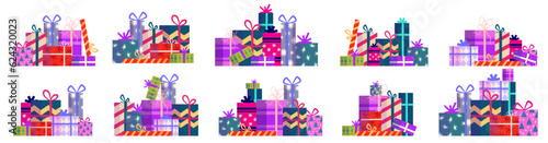 Gift Christmas present stack. Colorful group box with ribbon. Holiday xmas giftbox stack. Cartoon vector illustartion. Gift xmas pile.