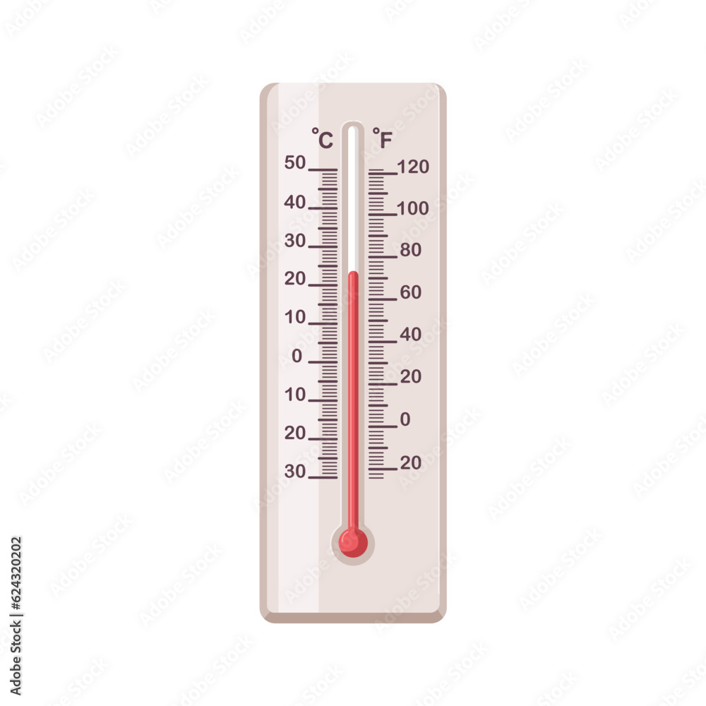 Mercury thermometer for outdoor temperature measurement. Analog weather tool, double scale, measuring degrees in Celsius, Fahrenheit. Flat cartoon vector illustration isolated on white background Mercury thermometer for outdoor temperature measurement. Analog weather tool, double scale, measuring degrees in Celsius, Fahrenheit. Flat cartoon vector illustration isolated on white background