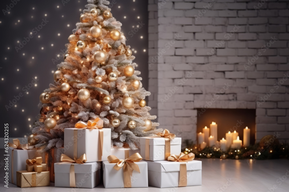 Christmas presents stacked by a christmas tree in a cosy home