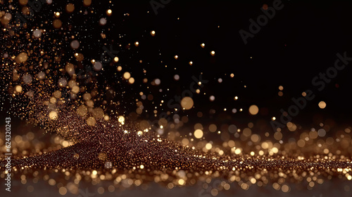 Sprinkle gold bronze color dust on a bronze color background in the dark,Sparkling bronze color glitter powder on bronze color background,christmas background,Sprinkle dust bronze color light
