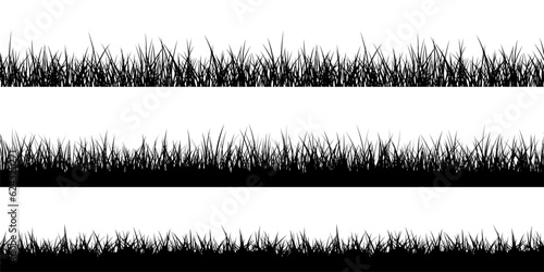 Set wide black border silhouette grass seamless texture. Vector
