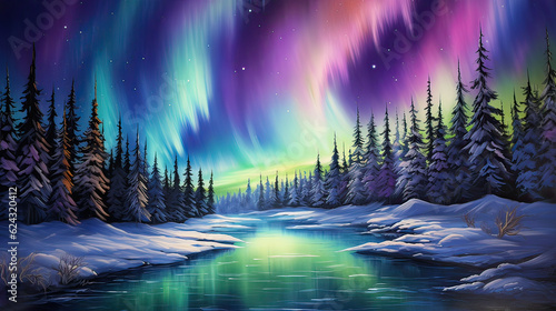 Aurora Borealis Showcase, the captivating beauty of the Northern Lights, painting the sky with a stunning array of colors and dancing lights. AI generative © SK