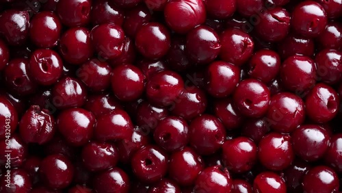 Prepared ripe red pitted cherries for drying or for jam or for freezing , rotates, close up, top view. Vegetarian meal, healthy and useful
