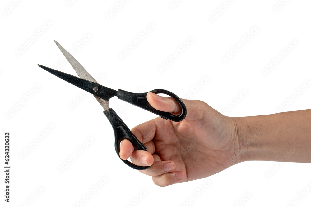 Office stationery scissors cutting in hand on transparent background Office stationery scissors cutting in hand on transparent background