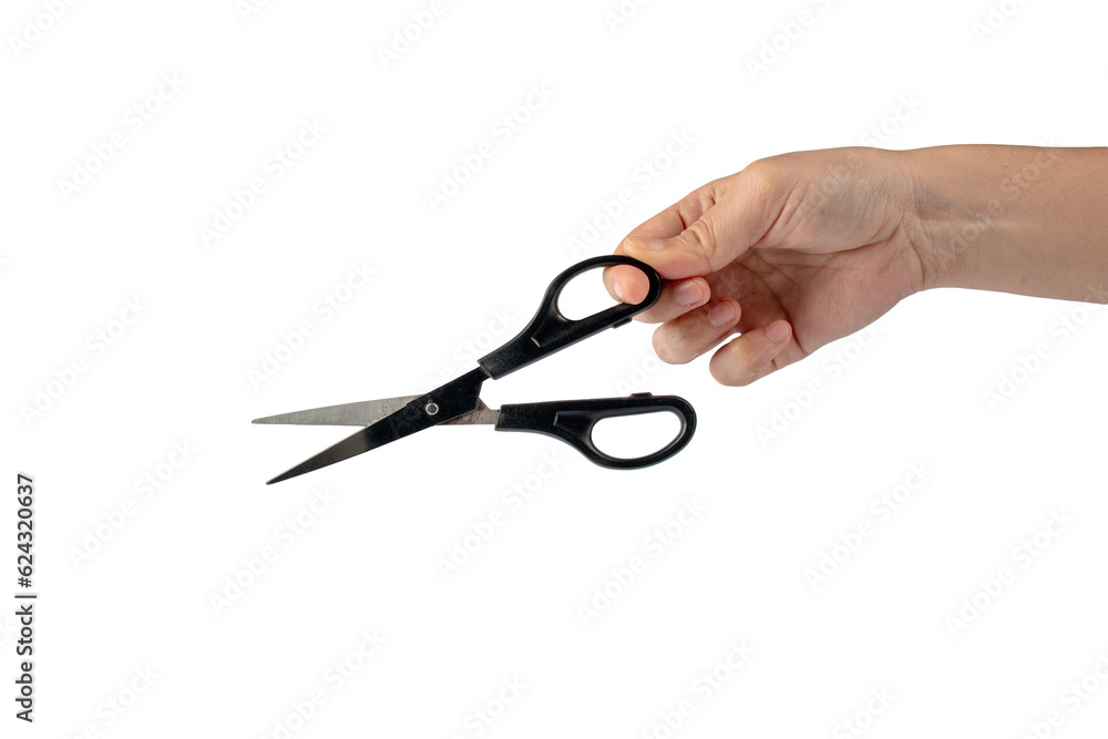 Office stationery scissors cutting in hand on transparent background Office stationery scissors cutting in hand on transparent background