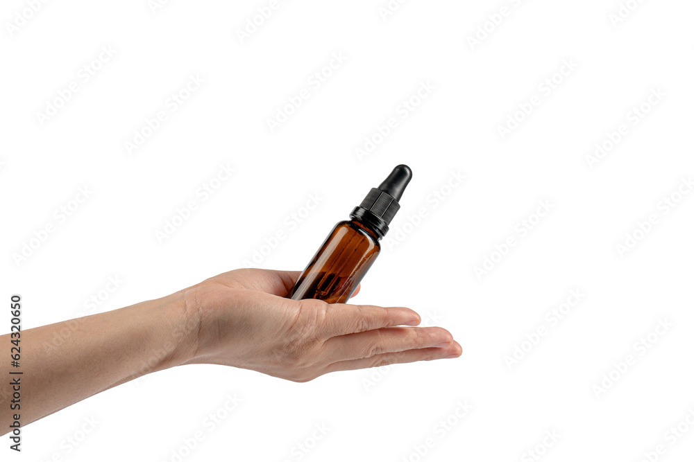 Hand and cosmetic bottles made of dark amber glass on a transparent background. Hand and cosmetic bottles made of dark amber glass on a transparent background.